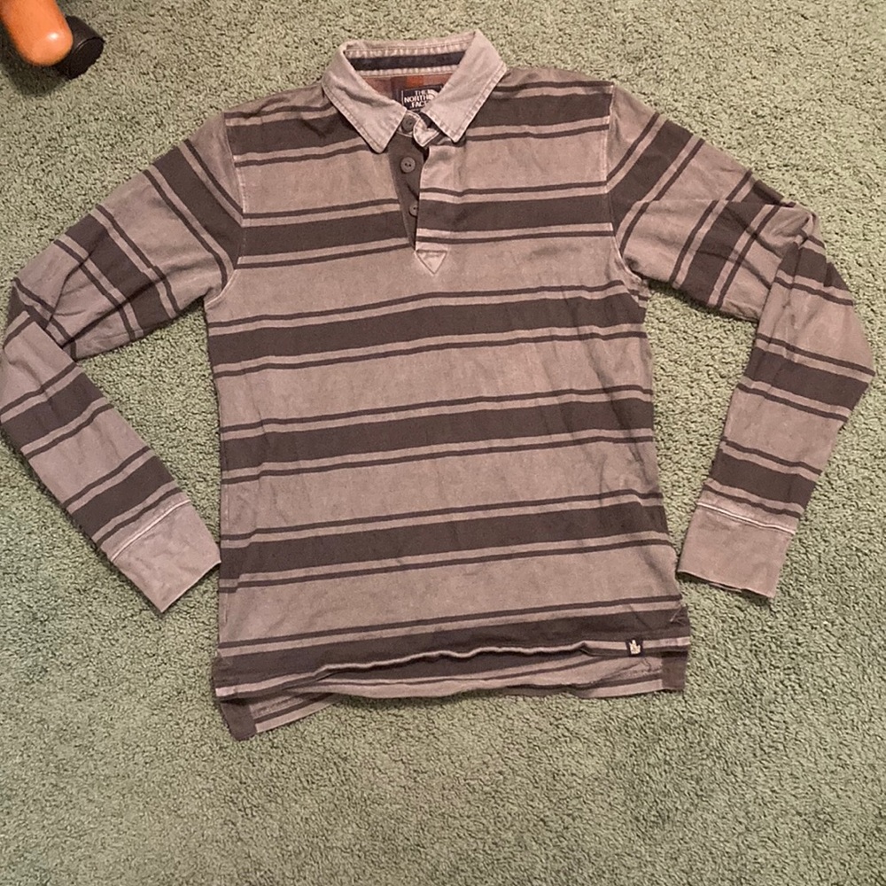 Mens Small Northface Gray-striped Polo Collared Long Sleeve